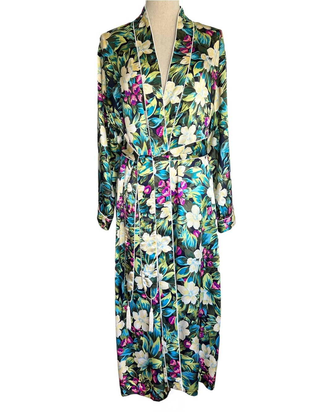 Christian Dior Vintage Tropical Print Robe Tassel Belt 80's Shimmer Size Small